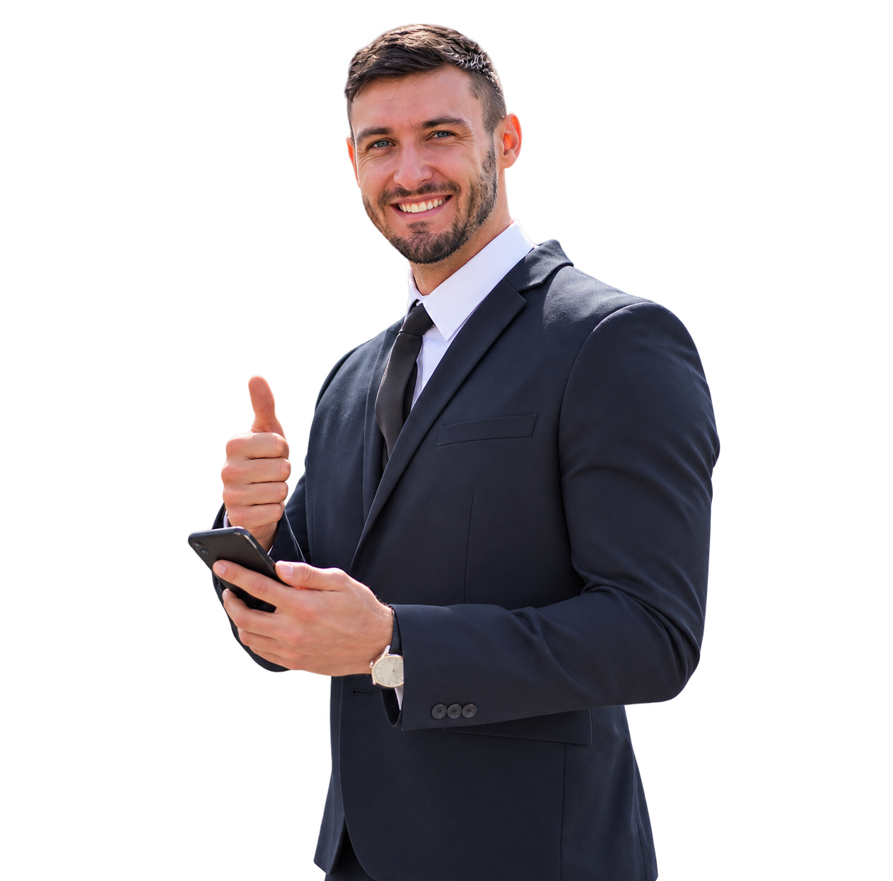 A smiling professional holding his phone and giving a thumbs-up